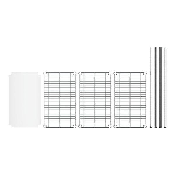 A Regency chrome wire rack with removable plastic shelves.