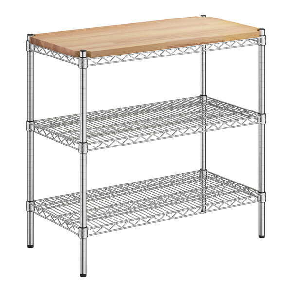 A Regency metal 3-shelf kit with a wooden top on one shelf.