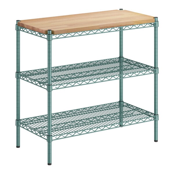 A Regency metal shelf with a wood and metal shelf top.