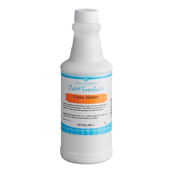 A 32 fl. oz. bottle of LorAnn Cake Batter Flavor Fountain Syrup.