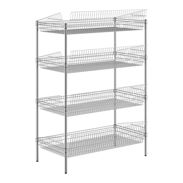 A Regency chrome wire rack with four baskets on shelves.
