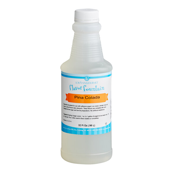 A 32 fl. oz. bottle of LorAnn Pina Colada Flavor Fountain Syrup.