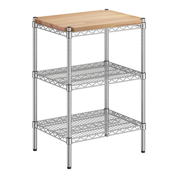 A Regency metal shelving kit with three shelves and a removable wooden top.