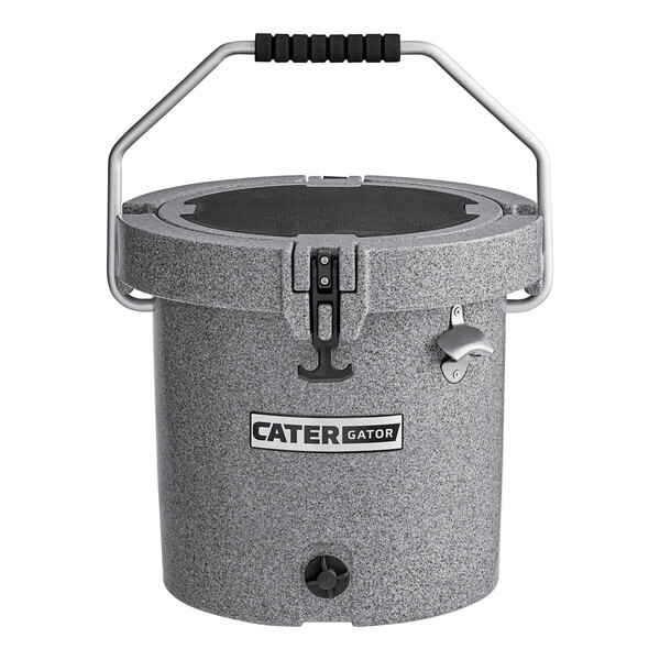 A grey CaterGator round cooler with a handle.