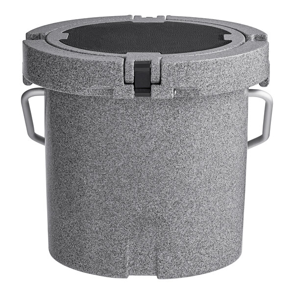 A grey plastic container with a black lid.