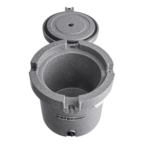 A grey CaterGator outdoor cooler with the lid open.