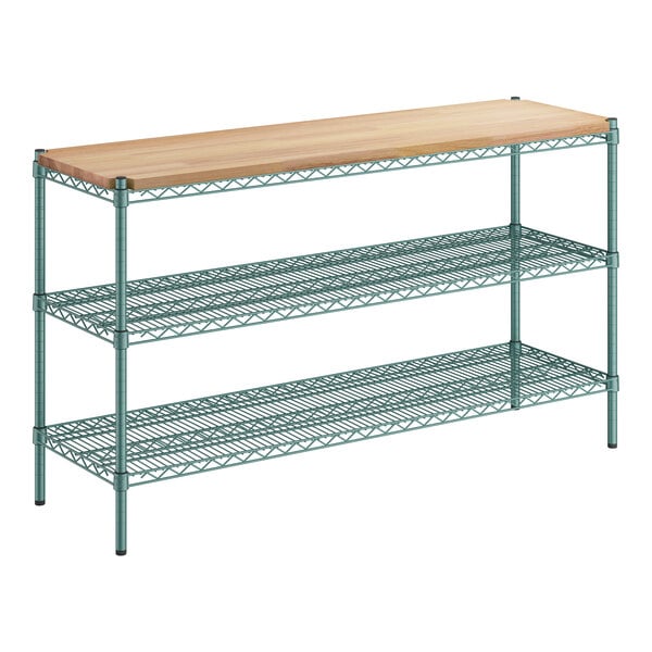 A green metal Regency 3-shelf kit with removable wooden shelves.