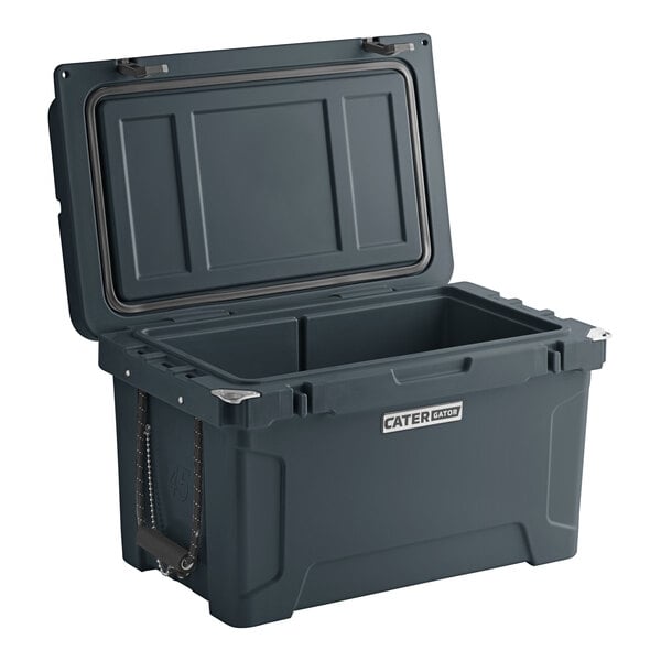 A CaterGator charcoal outdoor cooler with the lid open.