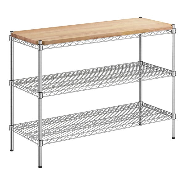 A Regency metal shelving kit with wooden shelves on top.