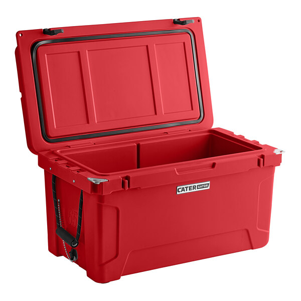 A red CaterGator outdoor cooler with a lid open.