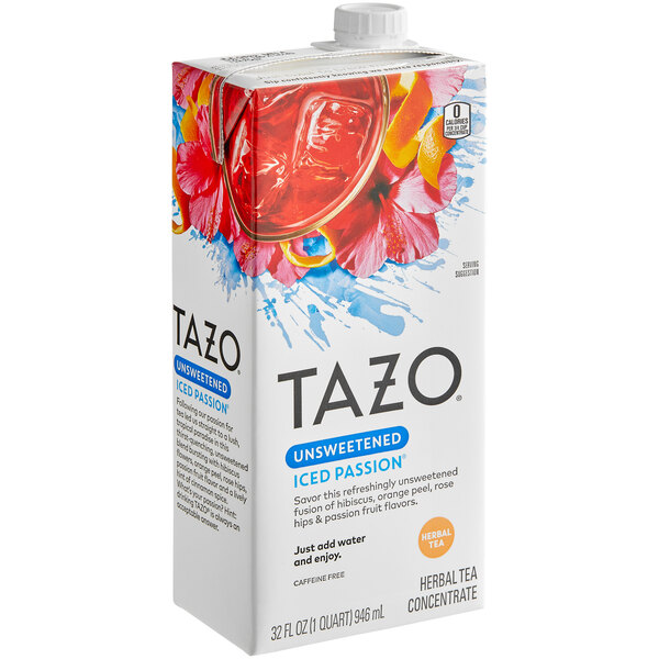A carton of Tazo Unsweetened Iced Passion Tea Concentrate with a white box with a design on it.