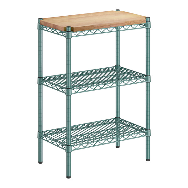 A green metal Regency 3-shelf unit with wooden shelves.