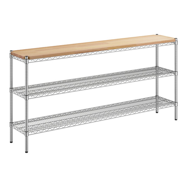 A Regency chrome metal shelving unit with a wooden top shelf.