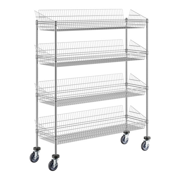 A Regency metal rack with shelves and wheels.