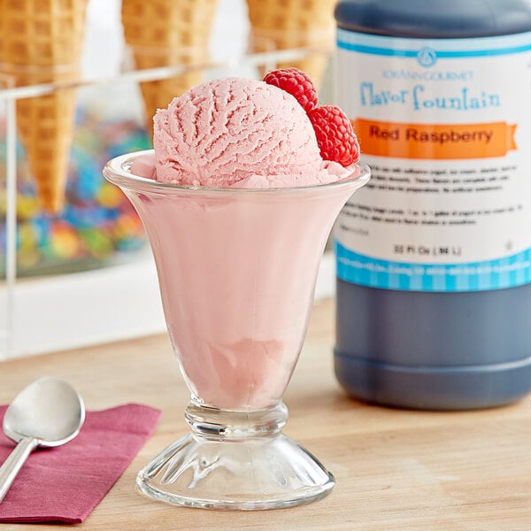 A glass of ice cream with LorAnn Red Raspberry syrup and a spoon.