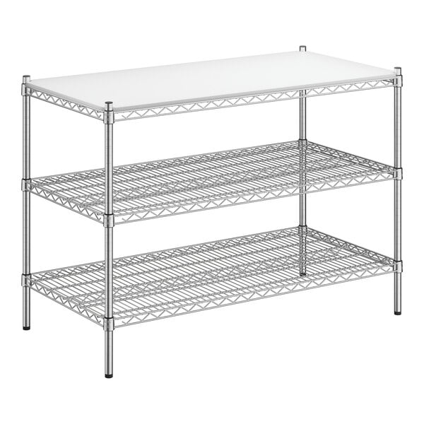 A Regency chrome metal shelving unit with white removable shelf inserts.