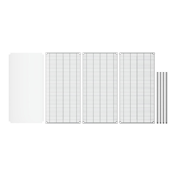 A white rectangular wire mesh shelf with metal rods and a grid insert.