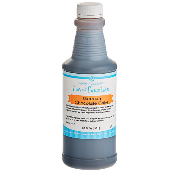 A white labeled bottle of LorAnn German Chocolate Cake flavor fountain syrup.