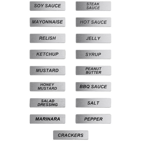 A collection of silver magnetic stainless steel labels with different names.