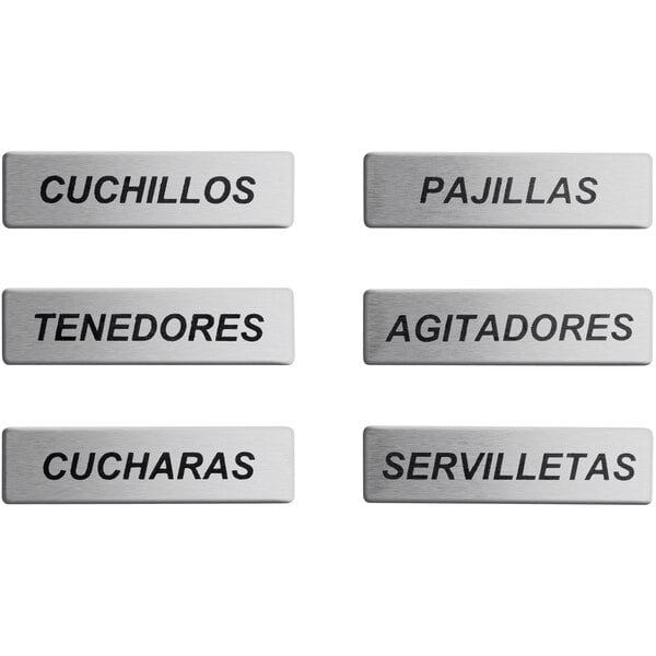 A pack of 6 silver rectangular stainless steel signs with black Spanish text.