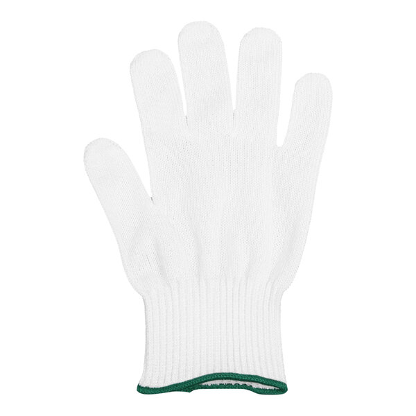 A white Victorinox cut resistant glove with a green band.