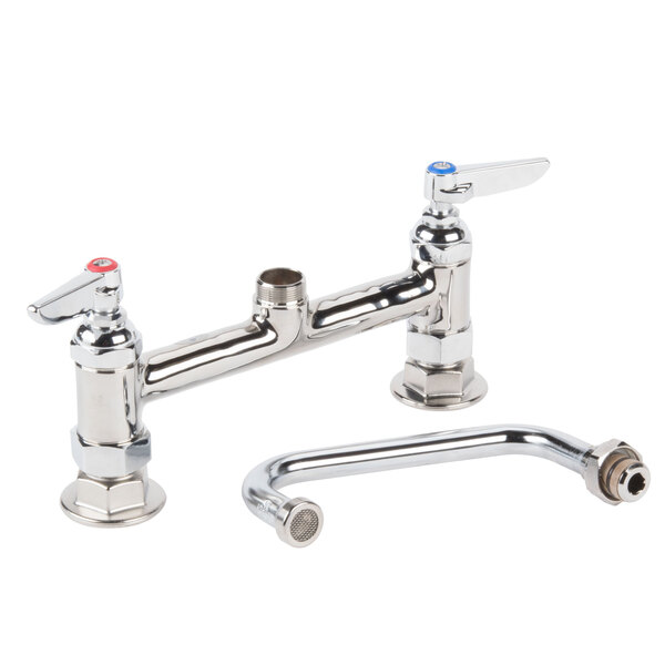 A T&S chrome deck-mounted faucet with lever handles and a swing nozzle.