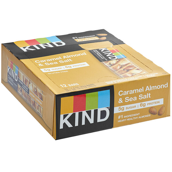 A box of 12 KIND Caramel Almond & Sea Salt snack bars.