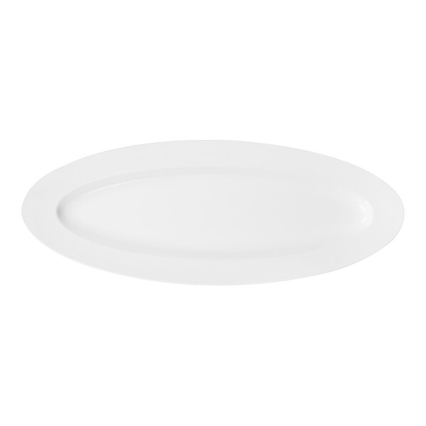 A plain white, oval-shaped platter with a smooth surface and a slightly raised rim.