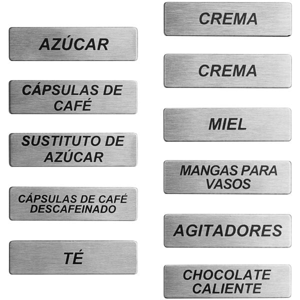 A pack of 11 magnetic stainless steel coffee labels with Spanish text.