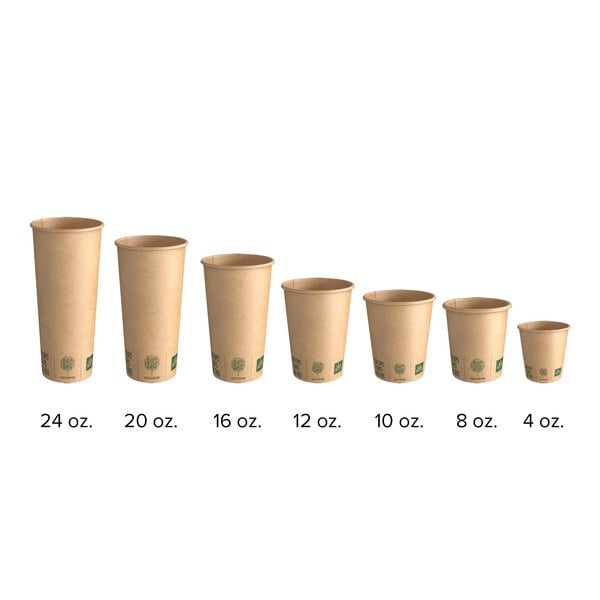 A pack of 40 New Roots brown paper hot cups with green labels.