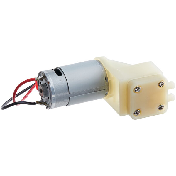 A close-up of a small metal Galaxy vacuum packaging machine pump with wires.