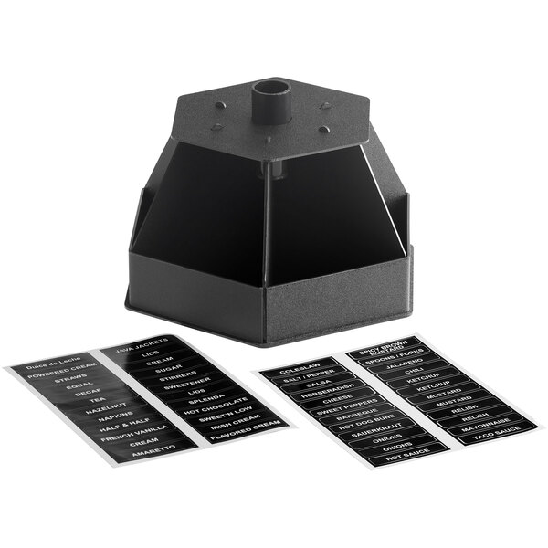 A black metal ServSense condiment organizer with labels on it.