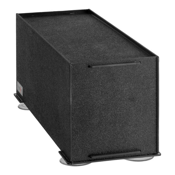 A black countertop slim cup dispenser cabinet with one slot and six fast-changing gaskets.