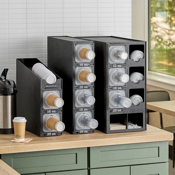 KleanTake by ServSense Black Countertop Slim Cup Dispenser Cabinet with 6 Fast-Changing Gaskets - 1 Slot