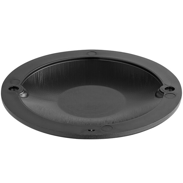 A black plastic round cover with a hole for a cheese grater.