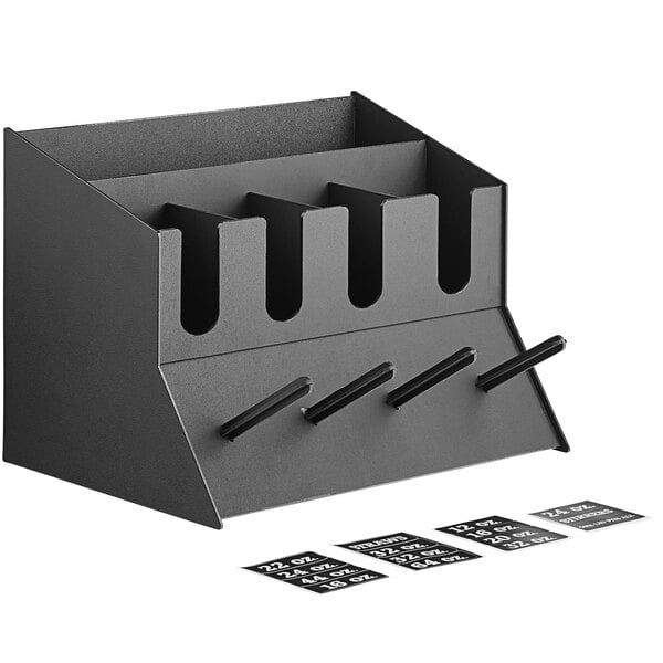 A black metal ServSense countertop organizer with 11 sections.