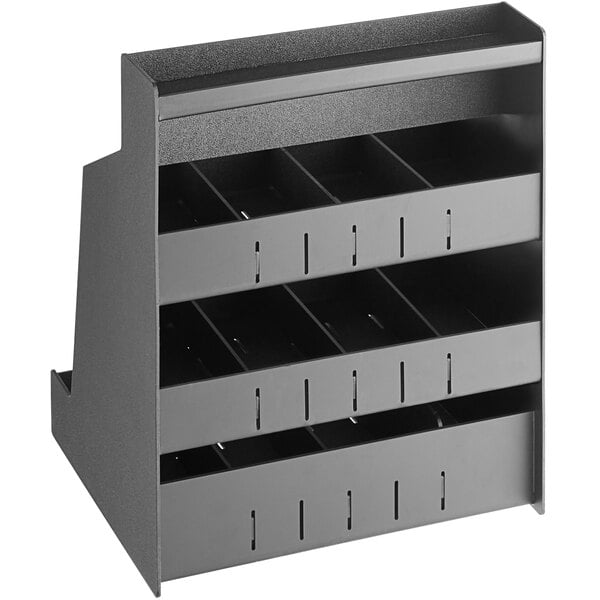 A black metal box with slots for cards.