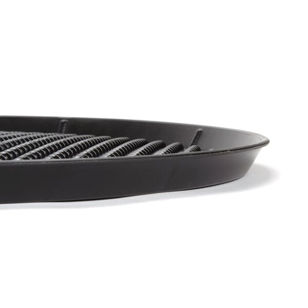 A black round polypropylene pizza tray with a spiral pattern.