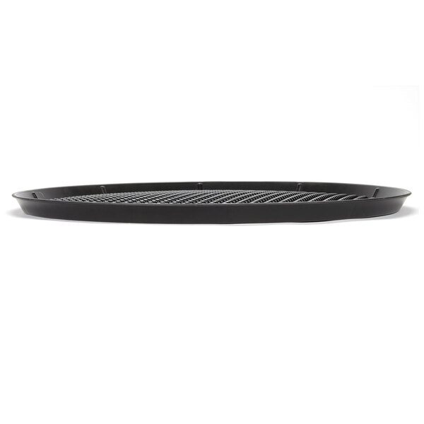 A black round Polypropylene pizza tray with a grid.