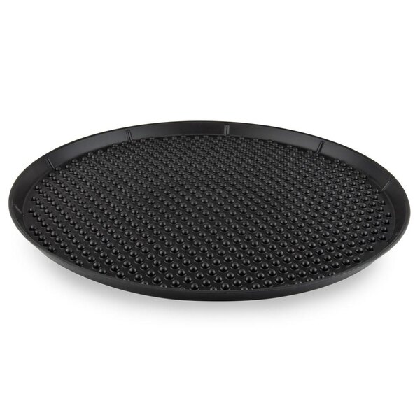 A black round tray with small holes.