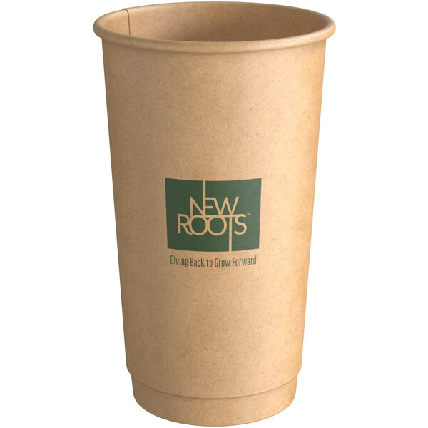 A brown New Roots compostable paper hot cup with a green logo.