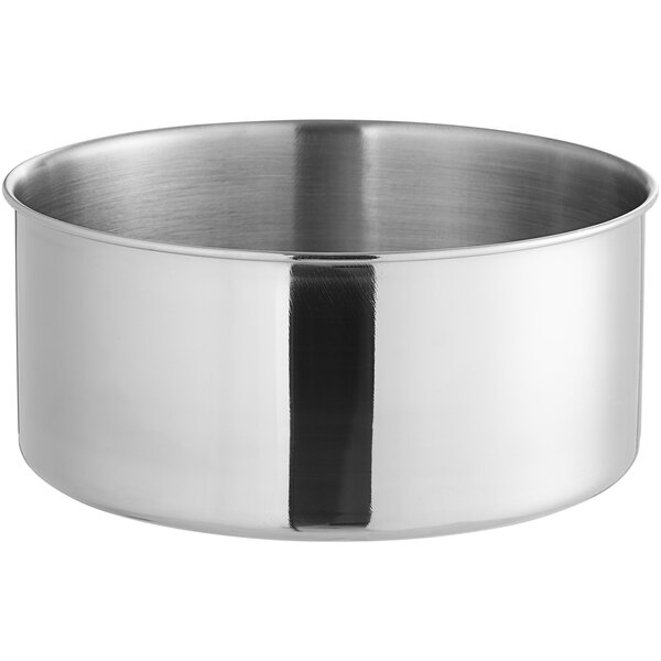 a silver bowl with a black handle