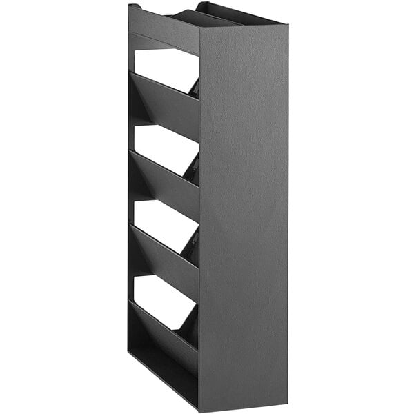 A black metal ServSense shelf with six sections.