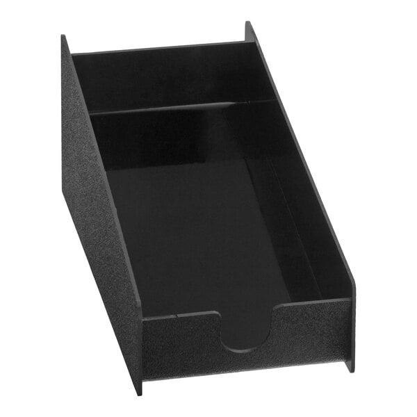 A black rectangular organizer with high sides and an open front, designed for countertop use.