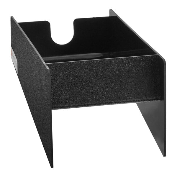 A black, rectangular countertop organizer with three sides and an open front, designed to hold items upright.