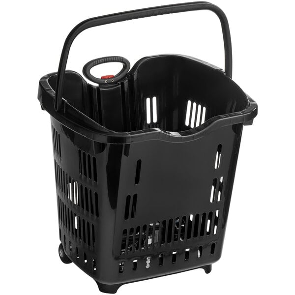 a black shopping basket with wheels