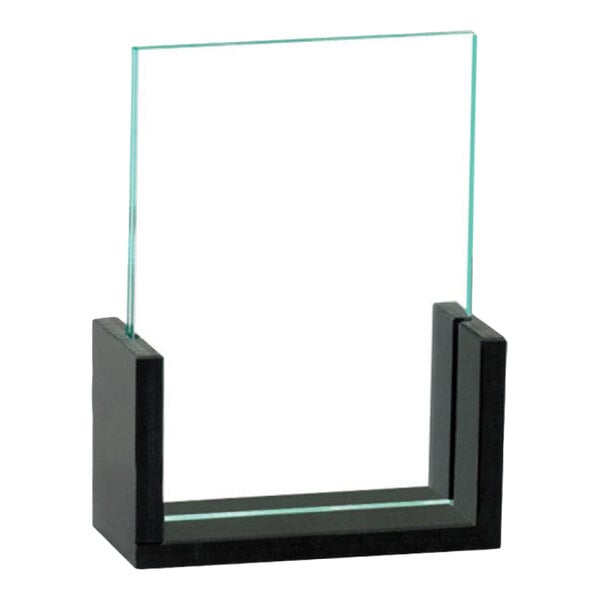 A clear glass display frame with a black U-shaped base, designed to hold 4" x 6" signs or photos.