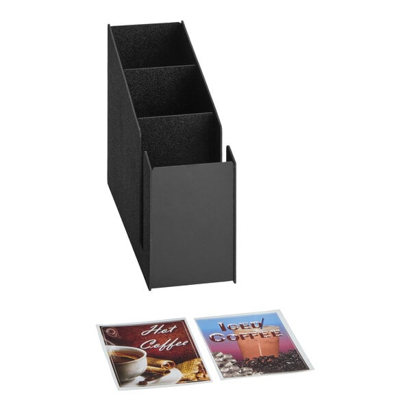 A black, three-section countertop organizer with two coffee-themed decals placed in front of it.