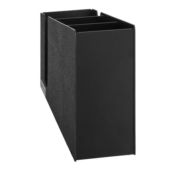 A black, rectangular organizer with three vertical sections, designed for countertop use.