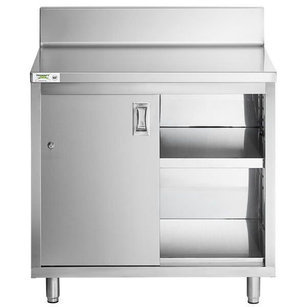 A stainless steel cabinet with shelves for a Regency enclosed base table.